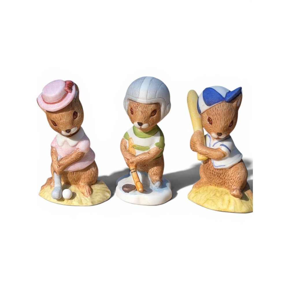 Chipmunk Figurines Set of 3 Bisque Porcelain Sports Golf Baseball Hockey Painted